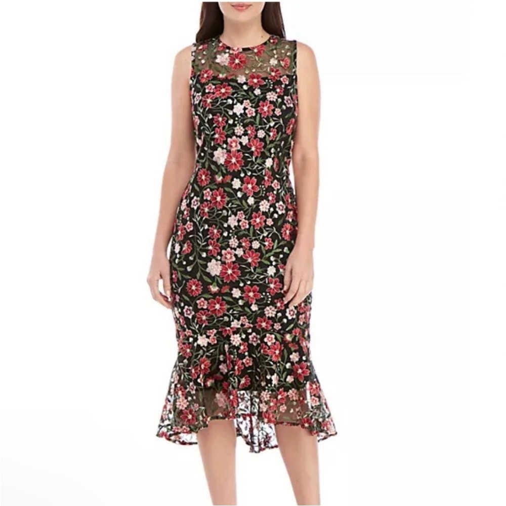 Calvin Klein Floral Embroidered Sleeveless Midi Dress with Ruffle Hem - Size 6